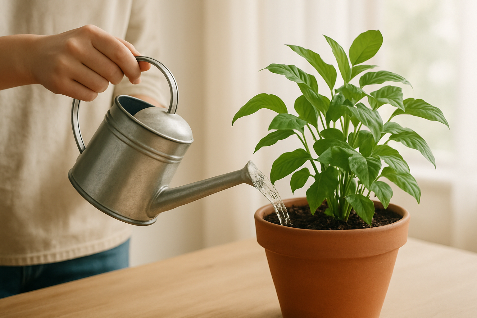 Si sta annaffiando un vaso con una piant con annaffiatoio